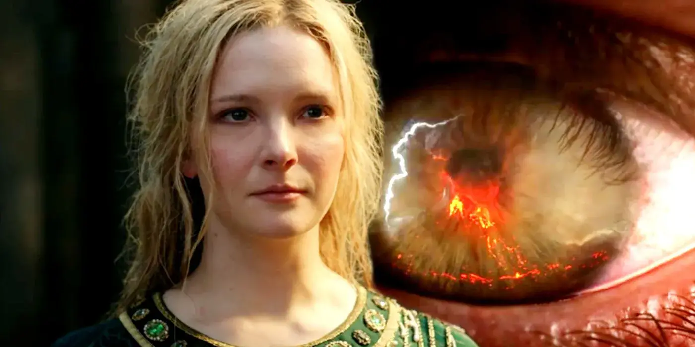 Morfydd Clark as Galadriel and Sauron eye in Rings of Power
