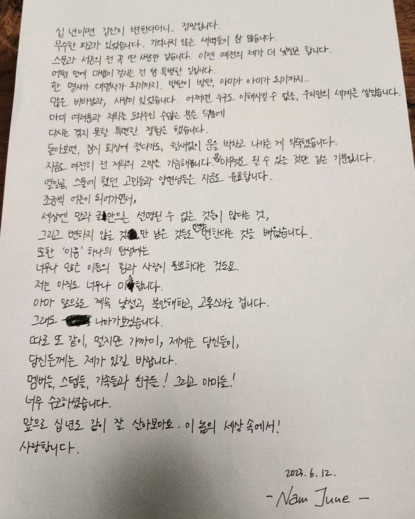 BTS RM tem ARMYs emocionados com carta sincera para o 10º aniversário do grupo