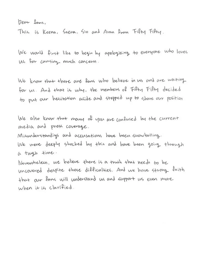 FIFTY FIFTY quebra o silêncio com carta manuscrita aos fãs FIFTY FIFTY quebra o silencio com carta manuscrita aos fas 1 819x1024