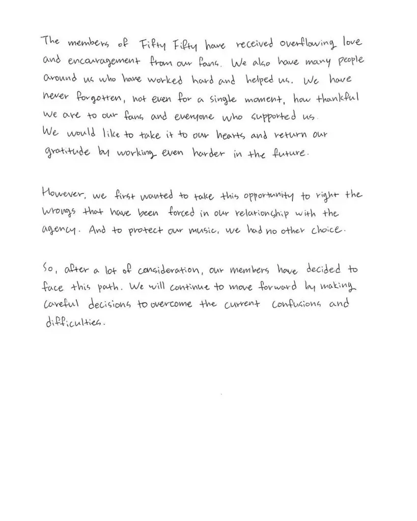 FIFTY FIFTY quebra o silêncio com carta manuscrita aos fãs FIFTY FIFTY quebra o silencio com carta manuscrita aos fas 2 819x1024