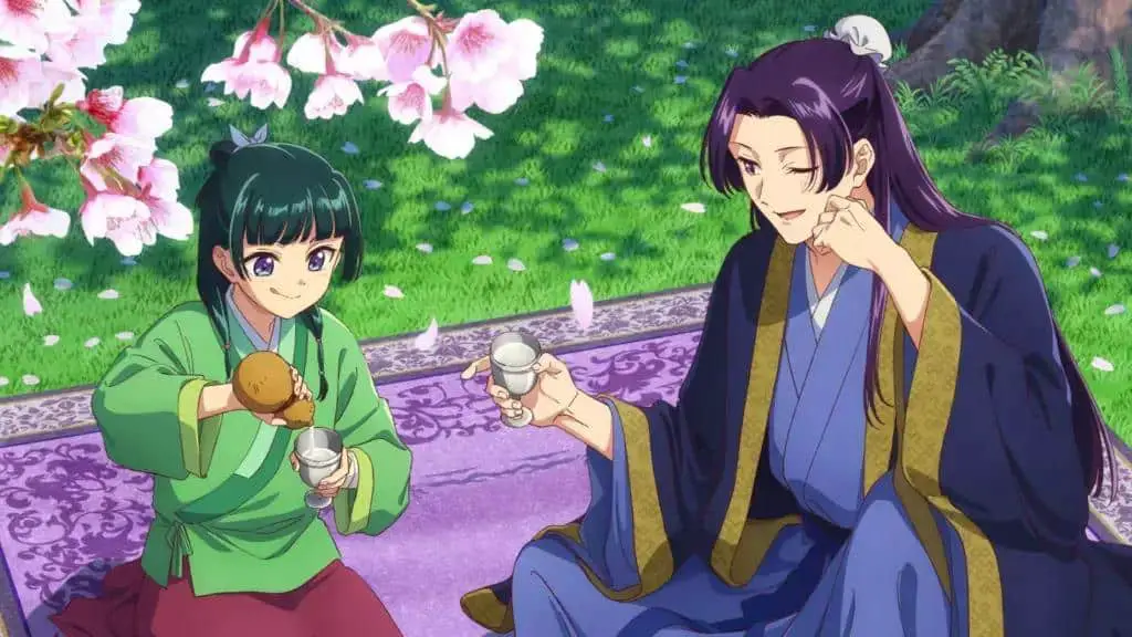 Maomao e Jinshi aproveitam um piquenique sob as flores de cerejeira