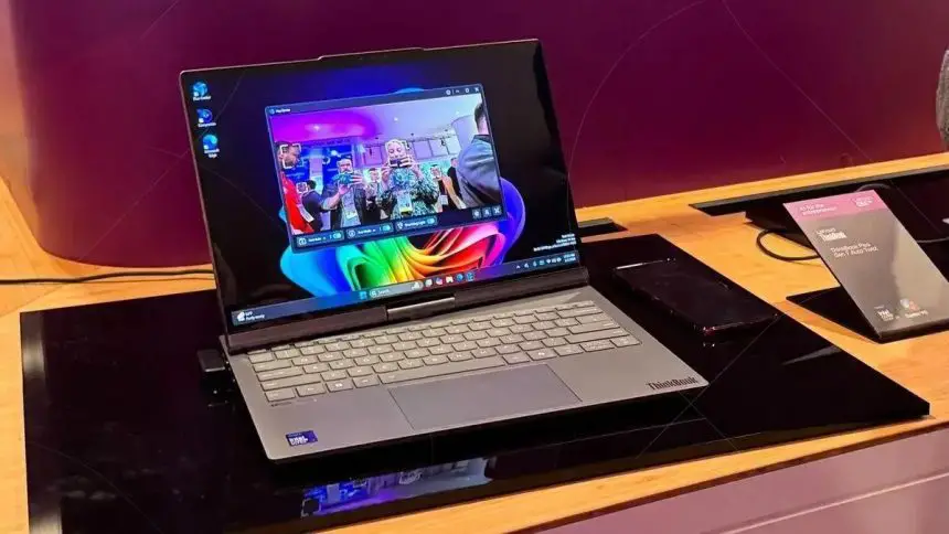 Laptop Lenovo com tela que gira e segue você na sala de reuniões