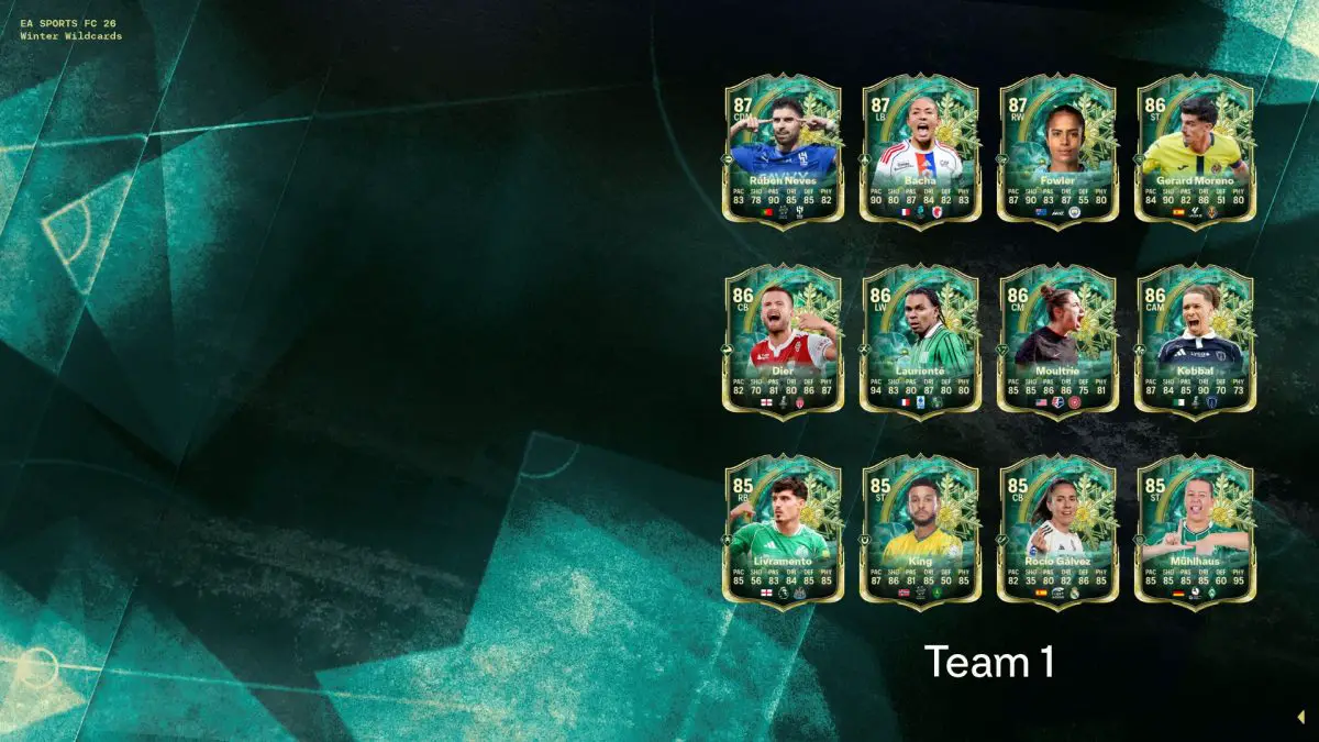 12 players from Team 1 of FC 26's Winter Wildcards promo, including Ruben Neves and Selma Bacha.
