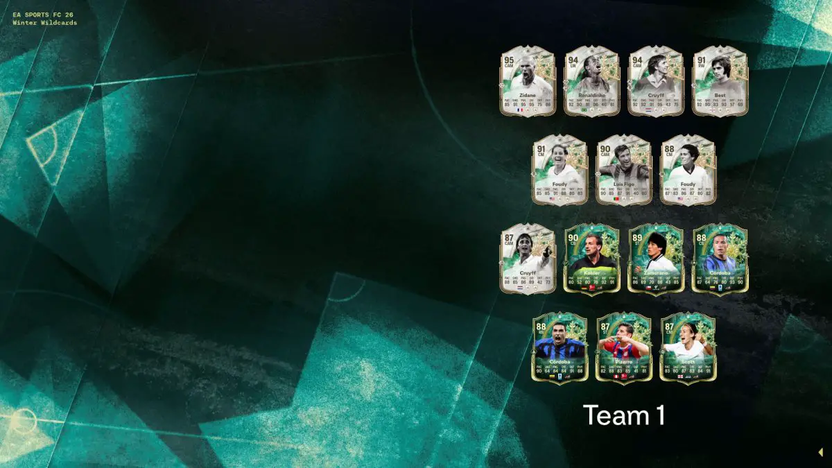 14 Icons and Heroes from Team 1 of FC 26's Winter Wildcards promo, including Johan Cruyff and Ronaldinho.