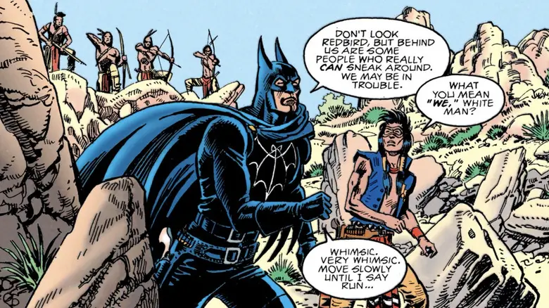 Batman stands beside his sidekick Redbird in a panel from Batman: The Blue, the Grey and the Bat