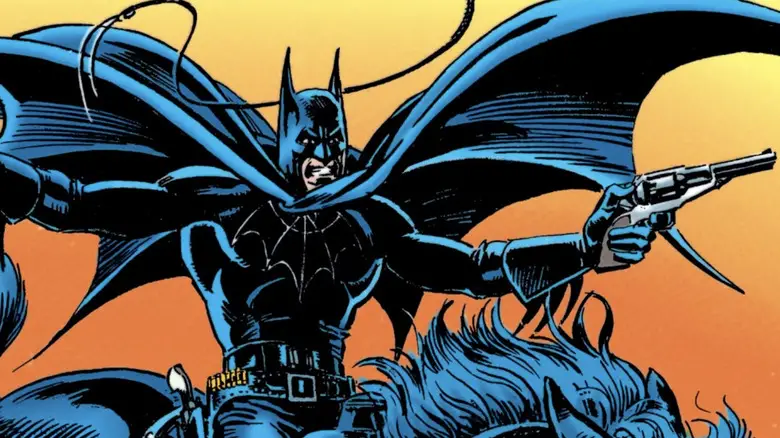 Batman aims a pistol as he rides a horse in a panel from Batman: The Blue, the Grey and the Bat