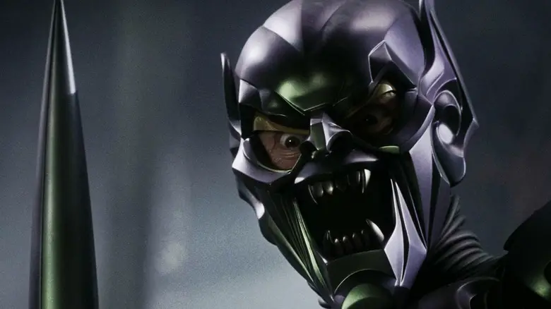 Willem Dafoe's Green Goblin/Norman Osborn stares out of his mask in Spider-Man