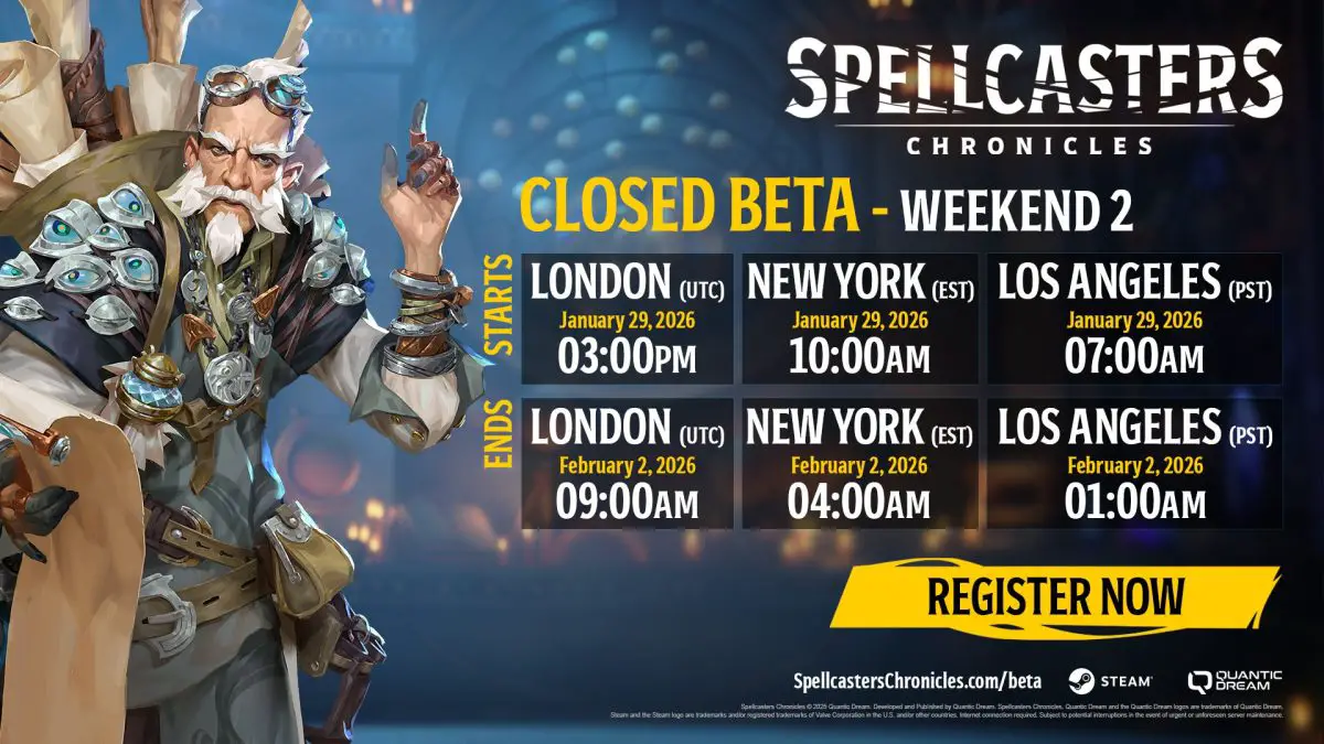 A graphic showing the start and end times for the second closed beta of the MOBA, Spellcasters Chronicles.