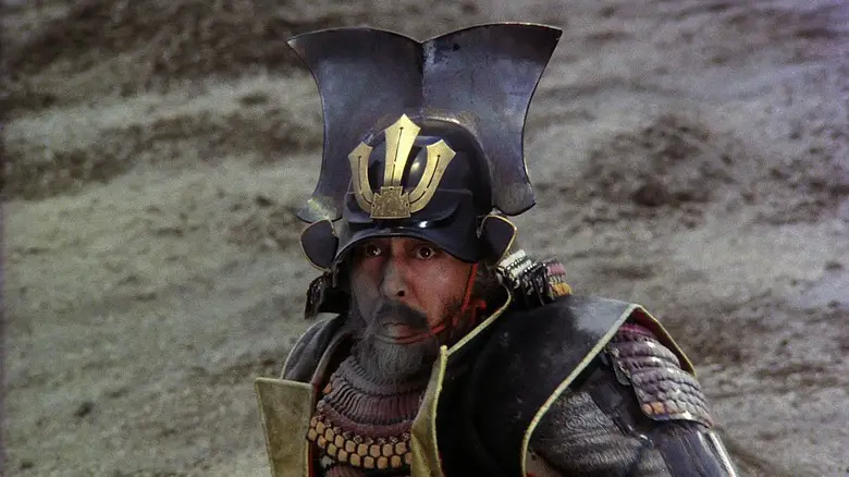 Tatsuya Nakadi as Takeda Shingen is helmeted and ready for battle in Kagemusha