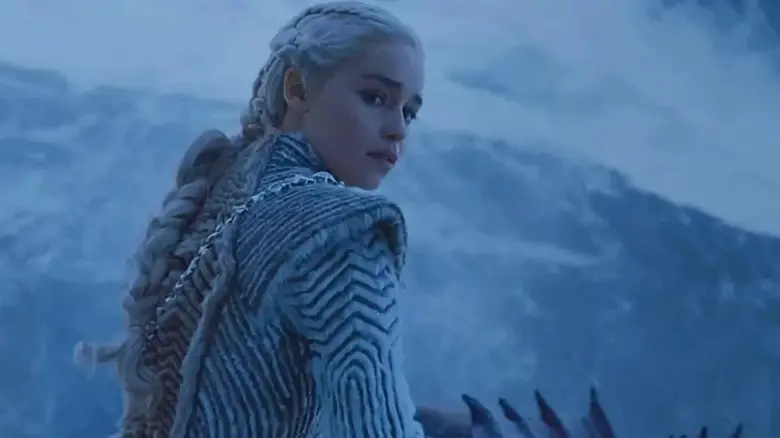 Emilia Clarke as Daenerys Targaryen on dragonback north of the Wall on Game of Thrones
