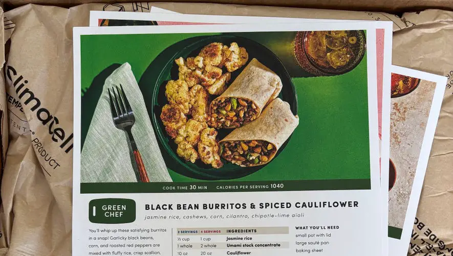 Green Chef Black Bean Burritos Recipe card.