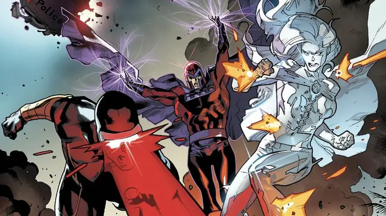 X-Men poster, Cyclops, Magneto, and Emma Frost fighting police SWAT team