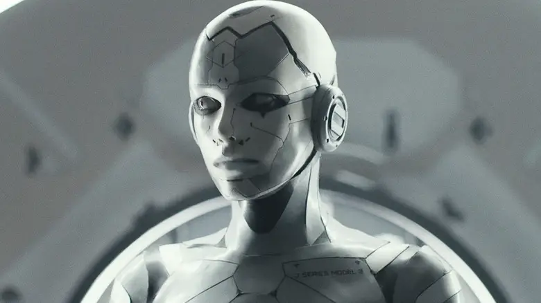 Stacy Martin's Jules Almore/J3 looks off to her right in closeup in Archive