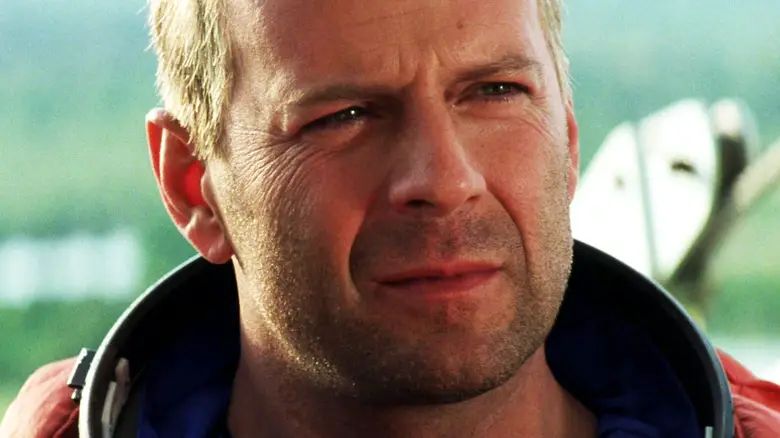 Bruce Willis' Harry S. Stamper is seen in closeup in Armageddon