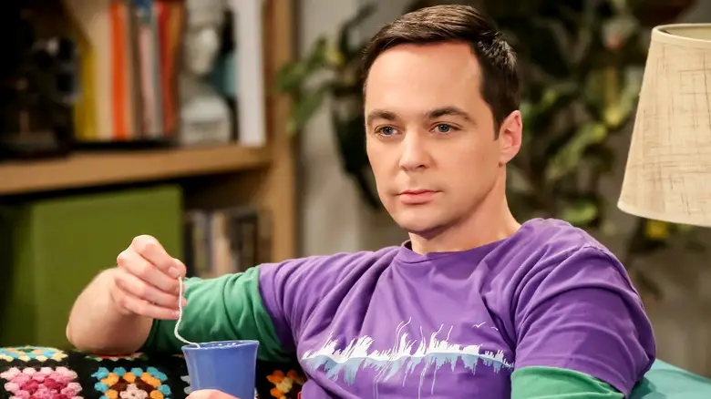 Jim Parsons as Sheldon Cooper holding a tea mug on The Big Bang Theory