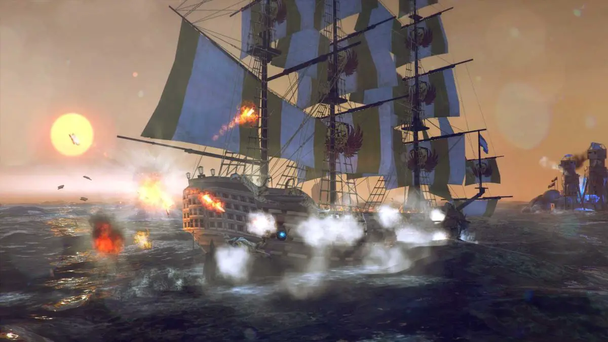 A ship fires its cannons during a battle in Tempest