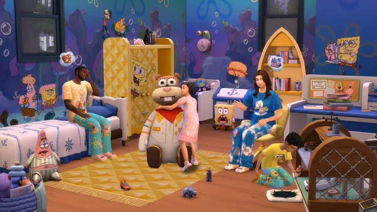 A child's bedroom in The Sims 4 is heavily SpongeBob Squarepants themed, with a family of Sims (parents and two children) conversing and playing with SpongeBob branded toys.