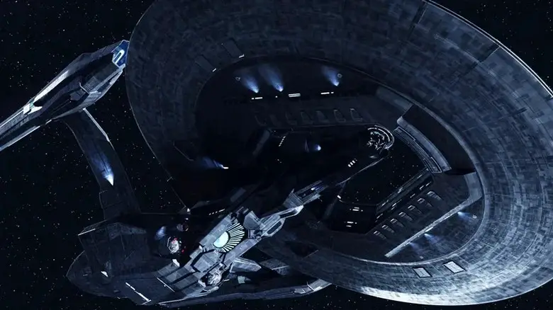 The USS Vengeance soars overhead in Star Trek Into Darkness