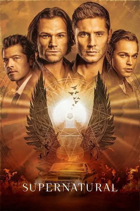 Images of Castiel (Misha Collins), Sam Winchester (Jared Padalecki), Dean Winchester (Jensen Ackles), and another Supernatural character are depicted above angelic imagery on the poster for the show.