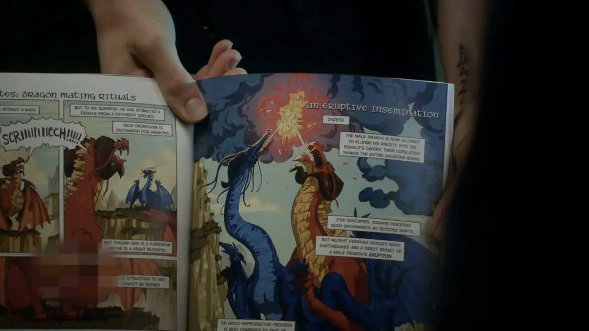 A book shows dragons inseminating an egg in The Magicians season 4