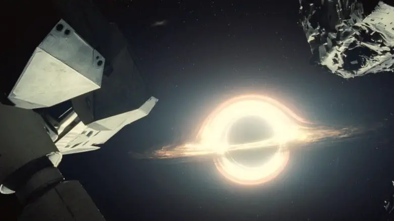 The black hole Gargantua is seen from the perspective of a space ship in Interstellar.jpg