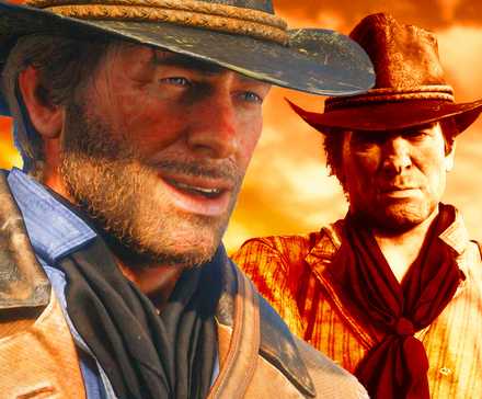 Far Far West: Experimente a Ação Cooperativa no Velho O... 11 Two shots of Arthur in RDR2 edited together, a close-up where he looks happy and a sepia-tinted mid-shot where his expression is more serious.