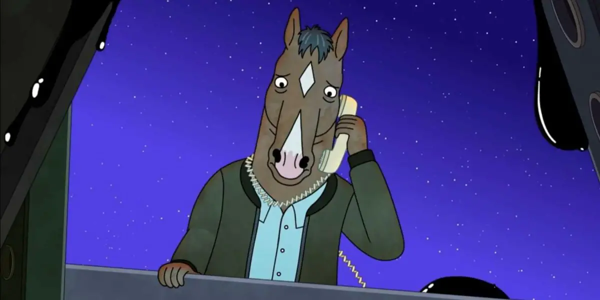 BoJack Horseman talking on a landline phone and looking down in the episode The View from Halfway Down.