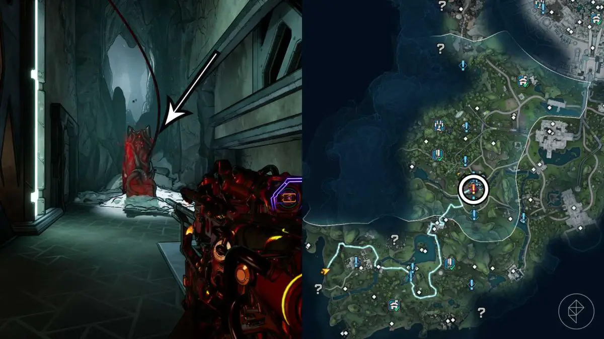 A montage using two Borderlands 4 images showing where players must go to start the game's new DLC