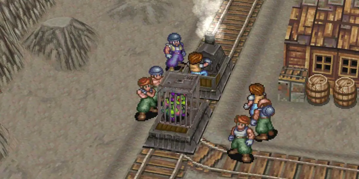 A mine cart carrying a monster in a cage in Breath of Fire III