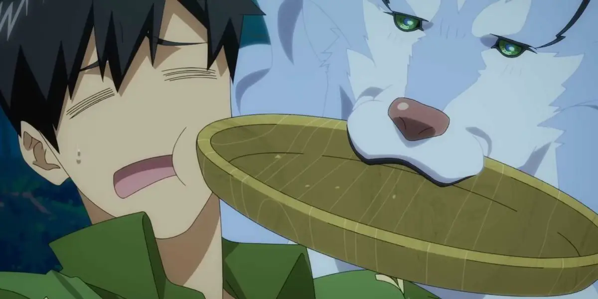 Campfire Cooking in Another World's Mukoda looking tired while Fel holds a dish near his face.