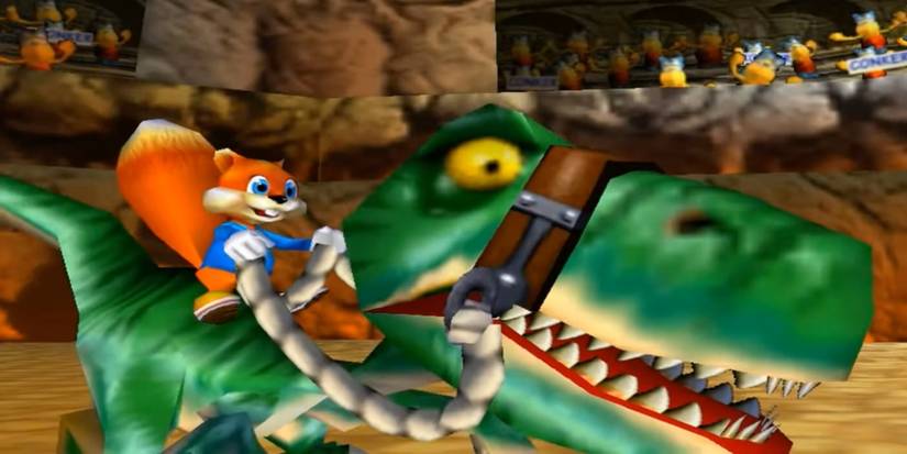 Conker's Bad Fur Day gameplay with the protagonist riding a dinosaur.