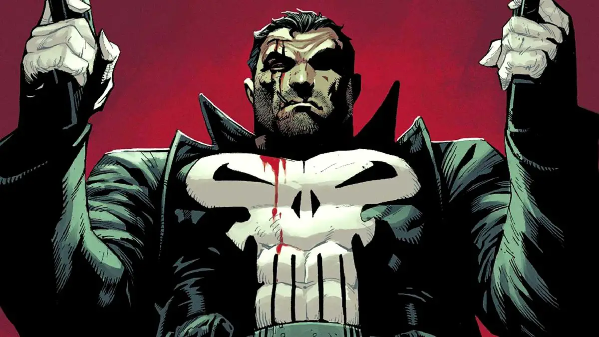 Frank Castle aka the Punisher bleeds while shooting guns on a red background