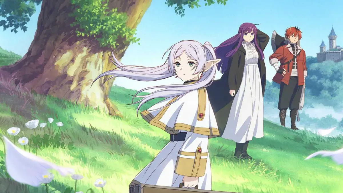 Frieren, Fern, and Stark standing in the forest in Frieren: Beyond Journey's End.