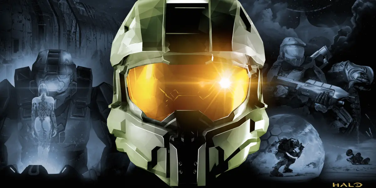 Halo Master Chief Collection helmet in front of wallpaper