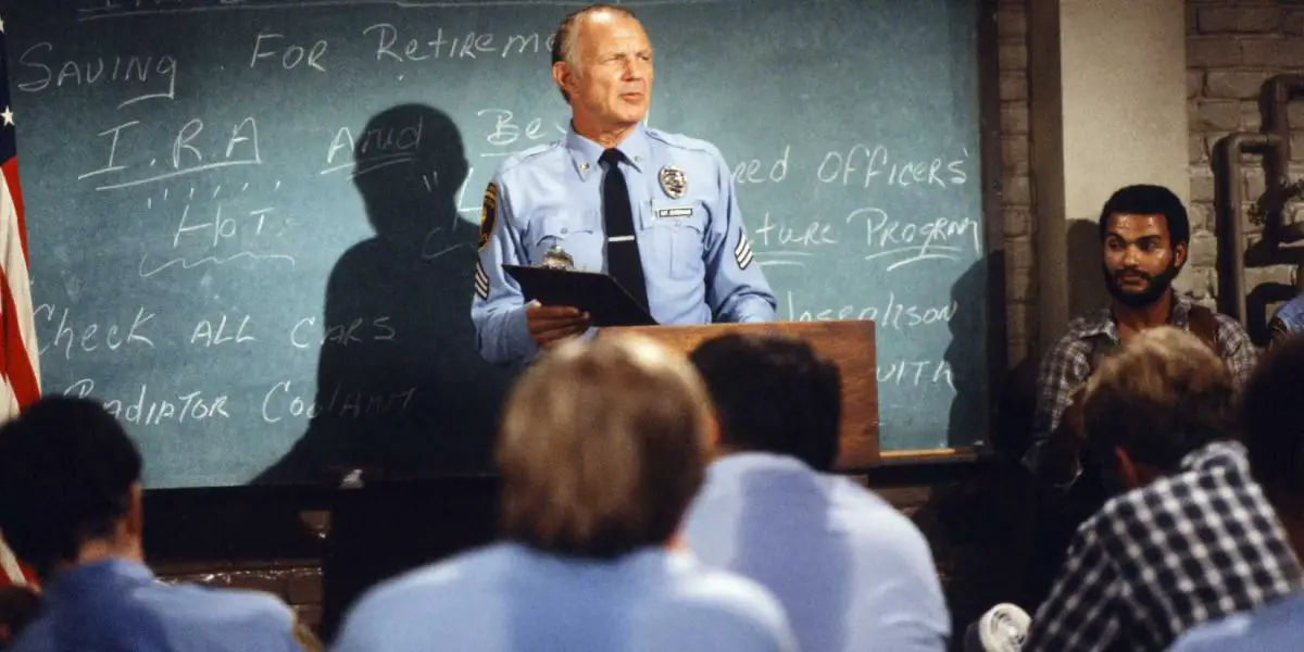 Michael Conrad as Sergeant Phil Esterhaus addressing the police officers in Hill Street Blues.
