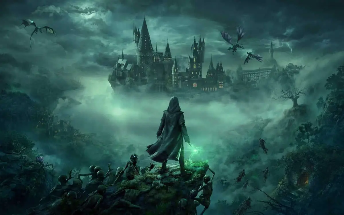 A dark wizard stands in front of Hogwarts