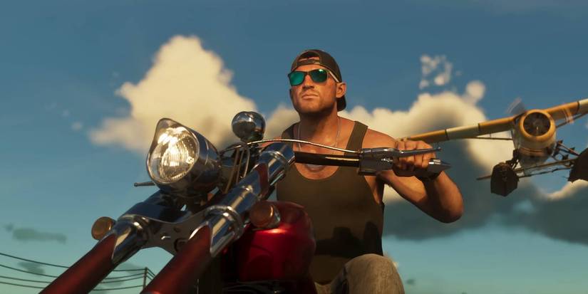GTA 6 one of the two main characters driving a motorcycle while a plane flies overhead