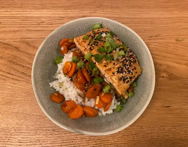 a salmon bowl on a brown countertop