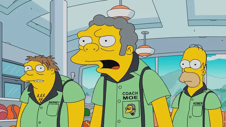 Barney, Moe, and Homer at the bowling alley in The Simpsons