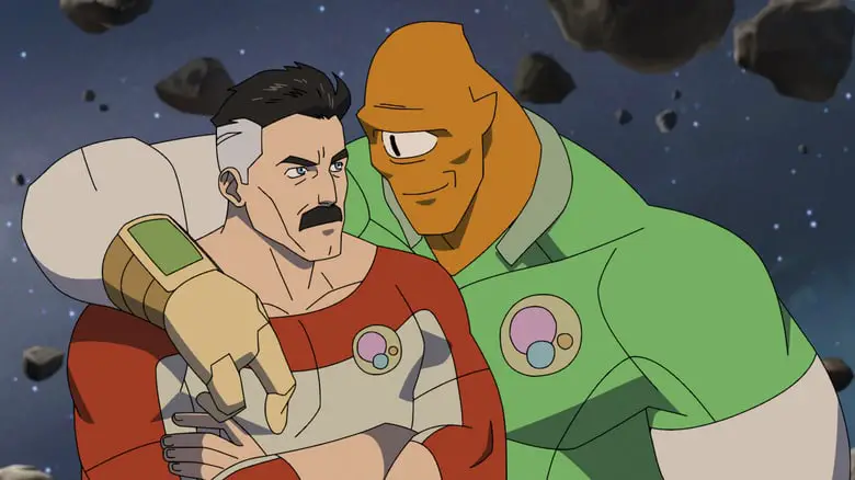 Allen looking intensively into the eyes of Nolan while floating in space in Invincible