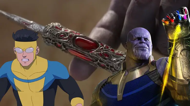 Invincible and Thanos with Infinity Gauntlet on background of Thanos holding 'perfectly balanced' knife