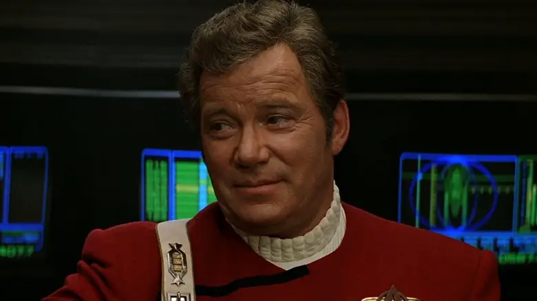 Admiral Kirk looking pleased on the bridge of the Enterprise-B in Star Trek: Generations