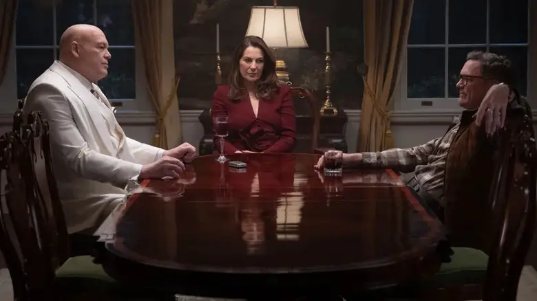 Wilson Fisk, Vanessa Fisk, and Mr. Charles sitting at table in Daredevil Born Again