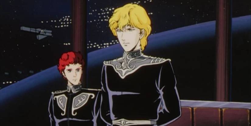 A blonde and brunette man standing in a space ship from Legend of the Galactic Heroes