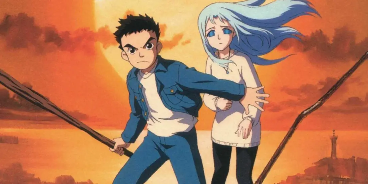 Shu protects Lala-Ru in Now and Then, Here and There anime.