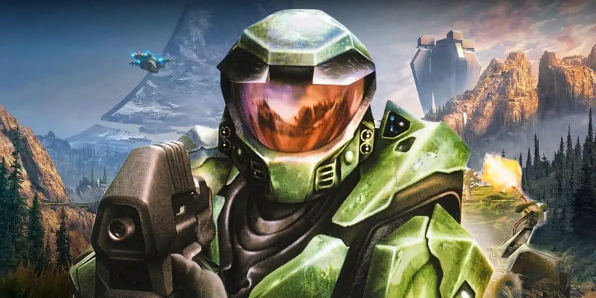 Master Chief from Halo Combat Evolved in front of a backdrop from Infinite.