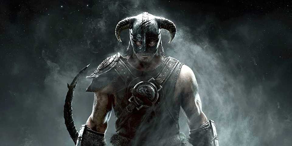 The main key art for Skyrim featuring a Nord in armor.