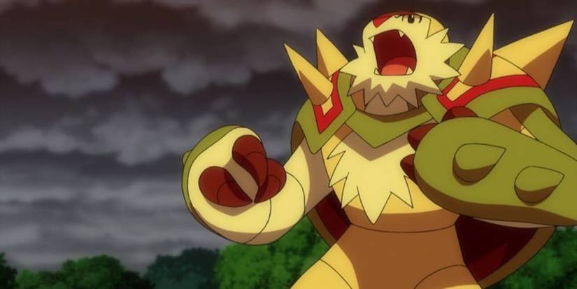 A Chesnaught roaring in the Pokemon anime.