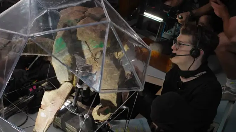 James Ortiz puppeteers Rocky on the set of Project Hail Mary