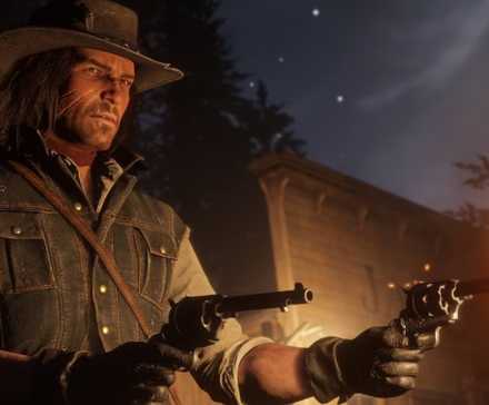 John Marston holds two pistols and fires one of them at night in Red Dead Redemption 2.